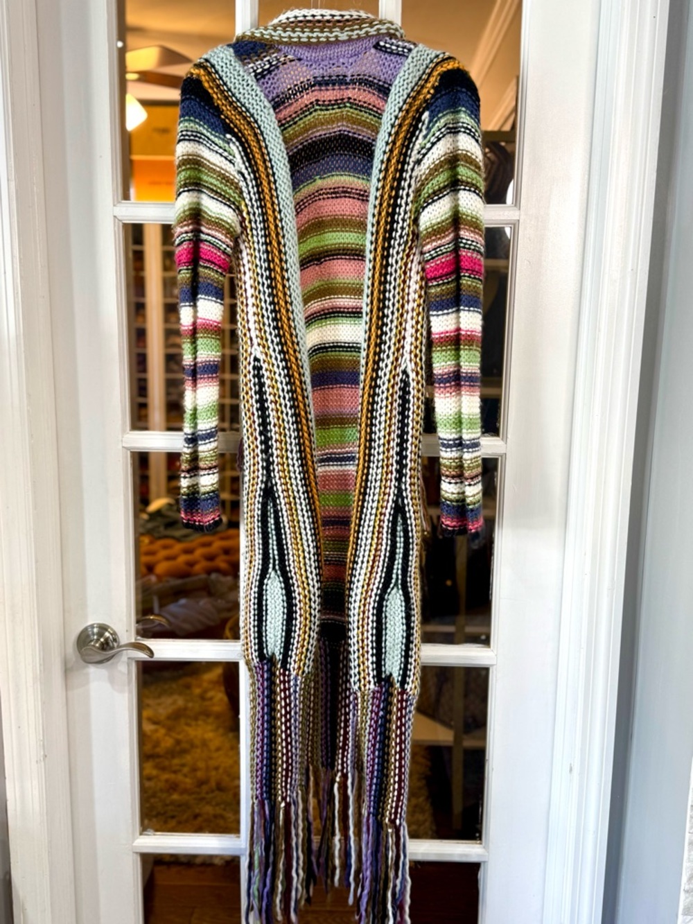 *RARE* Free People Tparty Technicolor Multicolor Knit Long Cardigan w/ fringe - Picture 3 of 14